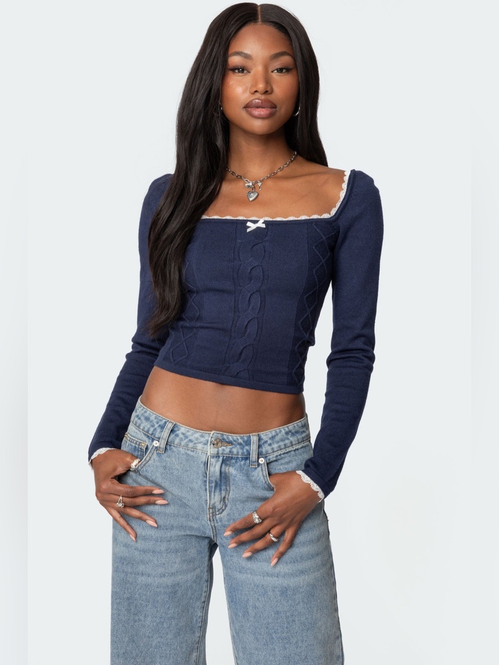 EDIKTED Ansley Lacey Cable Knit Top NWT S